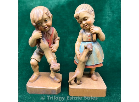 Anri Figural Wood Carvings Boy And Girl With Cats