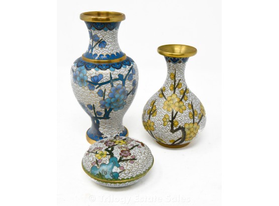 White Cloisonné: Two Vases And Trinket Box