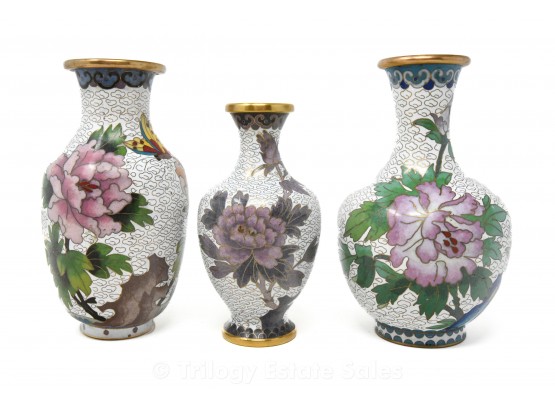 Three White Field Cloisonné Vases