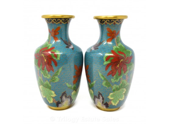 Mirrored Pair 7' Blue Cloisonné Vases With Red Flowers And Birds