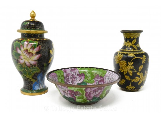 Black Cloisonne Vase, Lidded Urn And Bowl