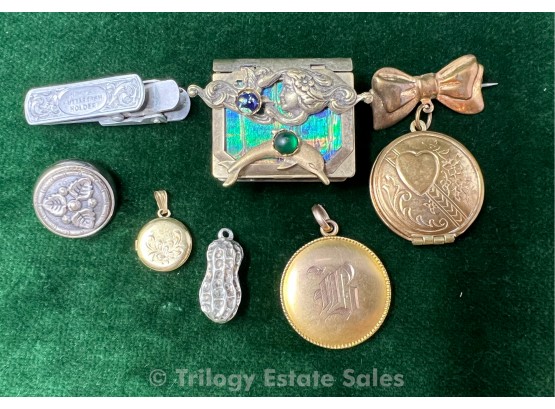 The Funky Bunch: Sterling Silver Peanut, Cuttlefish Holder, Lockets, And A Book Brooch