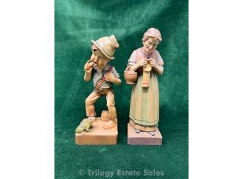 Anri Figural Wood Carvings Boy With Frog And Old Woman