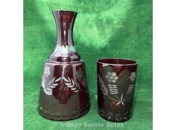 Czech Glass Decanter And Cup