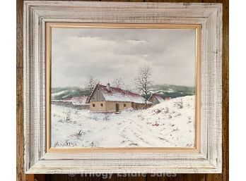 Rural Winter Scene Painting Signed, Artist Unknown