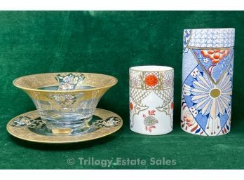Three Decorative Objects: Enamel On Glass, Aesthetic Movement Ironstone