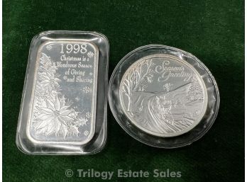 Two 1998 Christmas Holiday .999 Fine Silver Coin & Ingot