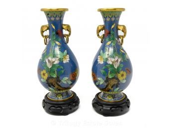 Mirrored Pair Elephant Head Handled Cloisonné Vases