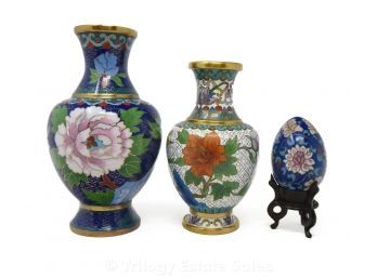 Two Cloisonné Small Vases & Egg On Stand