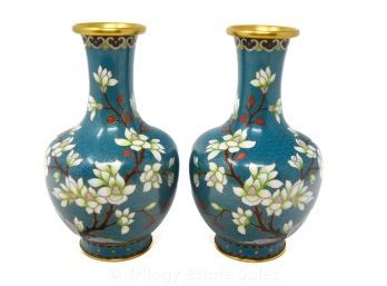 Mirrored Pair 7' Blue Cloisonné Vases