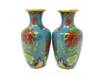 Mirrored Pair 7' Blue Cloisonné Vases With Red Flowers And Birds