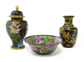Black Cloisonne Vase, Lidded Urn And Bowl