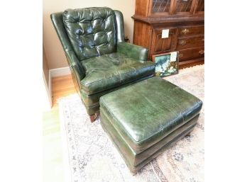 Century Furniture Green Leather Nailhead Trim Chair & Ottoman