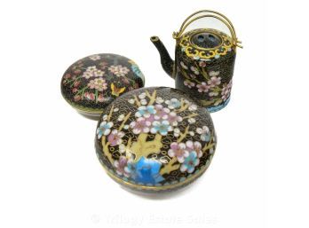 Cloisonné: Minature Teapot, And Two Trinket Boxes