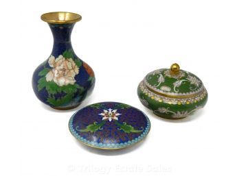 Cloisonné: Two Trinket Boxes & Vase
