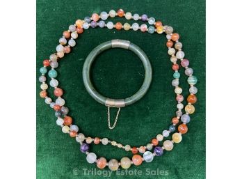 Jade Bracelet And Multi-Color Stone Necklace