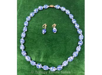 Chinese Blue And White Porcelain Bead Necklace And Clip-On Earrings