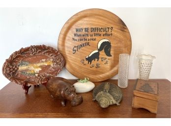 Miscellaneous ODD BALL Lot - Wood Skunk Platter - Carved Wood Hipp0 - Brass Turtle Pomander - Music Box