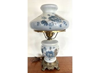 Blue Floral Hedco Marked Hurricane Lamp 18' Tall