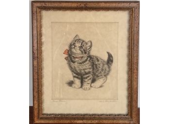 Original Meta Pluckebaum Signed Art - 'Please Please' Kitten With Bow - Famed Children's Illustrator 13' X 15'