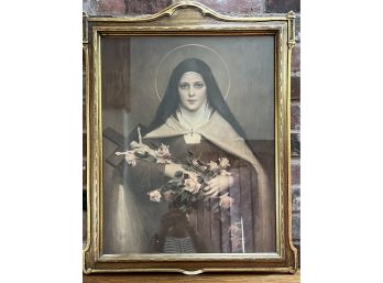 Antique St Theresa Holding Roses And Crucifix - Fantastic Vintage Frame - 19' X 23'