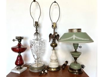 Lot (3) Three Old Lamps- Cut Glass - Red Glass On White Marble Base - All But Eagle Lamp In Working Condition
