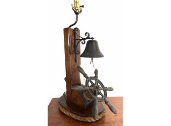 Hand Crafted Wood Rope Lamp Moveable Ship's Wheel & Working Bell - One Of A Kind - Needs Top Repair 25' X 12'
