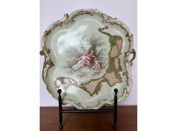 Vintage Limoges France Charger Platter Lovers With Cupid Cherub Large Hand Painted Green And Gold Measures 15'