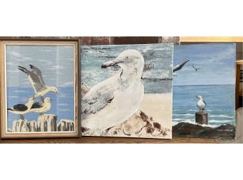 Lot (3) Three Seagull Pictures - 1 Oil 1 Canvas On Wood 1 Embroidered
