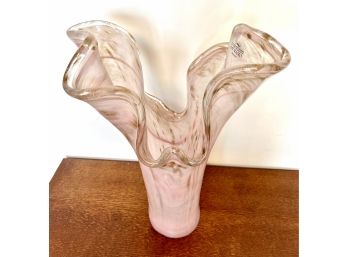Pink & Gold Ruffled Murano Glass Italy Vase 16.5' H X 12' W