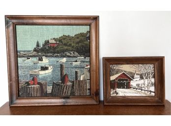 Pair Vintage Linen New England Pictures Art Sea Harbor With Seagulls & Fishing Boats - 16' X 16' - Smaller Cov