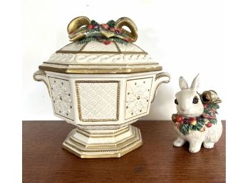 Vintage Fitz & Floyd Covered 'Snowy Woods' Christmas Bowl And Christmas Bunny