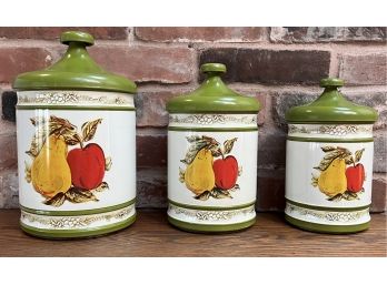 Lot (3) Three Vintage Lincoln 70s Cannisters Avocado Lids Fruit Design