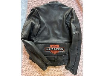 Black Leather Motorcycle Jacket With Harley Davidson Patches - Small Repair To Lining - Men's Large 22' X 25'