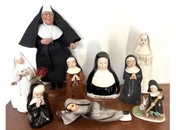 Lot (9) Nine Vintage Nun Figurines & Doll -Sliding Baseball Nun - 1950s Napco & Various