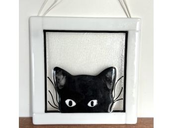 Glass Window Hanging Art Peek-a-Boo Black Kitty 8' Square