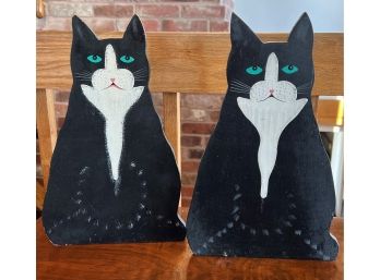 2 (Pair) Folk Art Black Wood Painted Cats Door Stops 13'Tall X 4.5 ' At Base