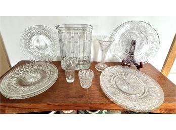 Glass Lot (12 Pieces) Vintage Juice Pitcher - 8 Glass Plates - 3 Vases Various Sizes