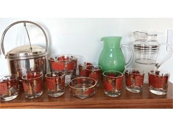 Large Lot Mid Century Barware Glassware - Jeannette Glass - Red & Gold - 1 Ice Bucket & 8 Glasses & 1 Dip Bowl