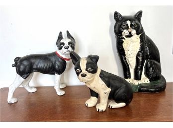 Lot (3) Painted Metal Doorstops - Includes Boston Terrier - Black Cat - Terrier Puppy