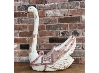 Outdoor Plaster Swan Garden Ornamentation - Weathered As Shown