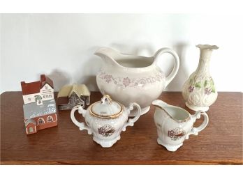 LOT Beleek Vase - Rebekah RB 20 Link Pattern Sugar Bowl & Creamer  Warwick Pitcher England - Mudlen Miniatures