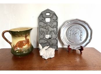 Country Lot 4 Pieces - Unmarked McCoy Cow Pitcher - Wilton Arabian Horse Plate - John Wright Barnyard & Bunny