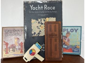 Old Game & Toy Lot - Yacht Race Game 1961 Marblehead - Twixt (1962) & Ploy (1970) - Drueker Cribbage Board W/p