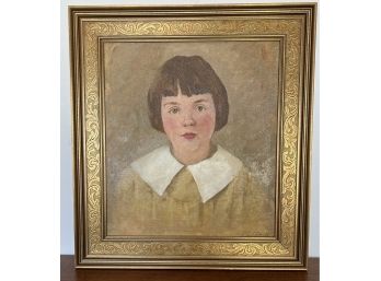 Charming LC S Smith Signed Original Oil Painting Young School Girl Green Eyes Cowlick - Restored 21' X 23'