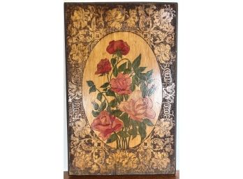 Romantic Antique Hand Carved & Painted Wood Roses Inscribed 'To Miss M.E. Usher From, Harry' 29.5' X 18.5'
