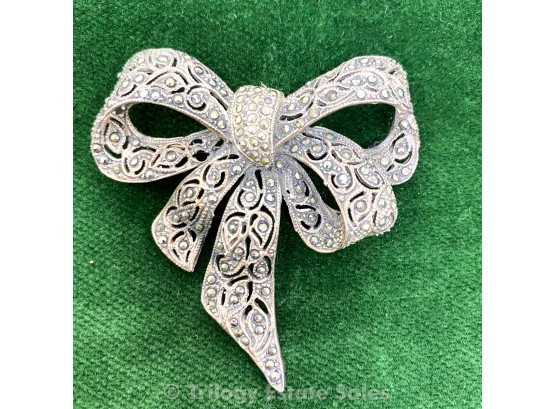 Sterling Sliver And Marcasite Bow Brooch