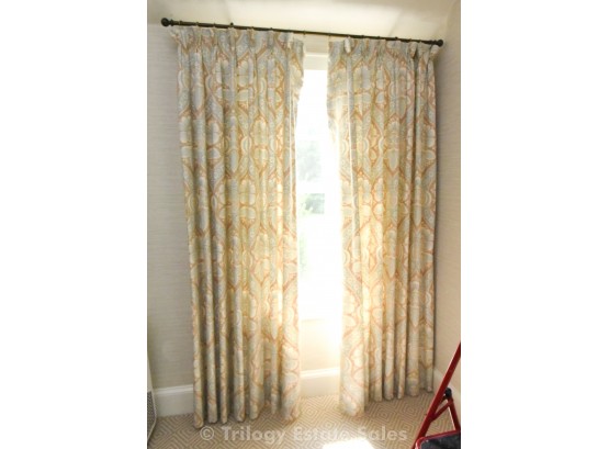 Pale Blue, Tan And Ivory Lined Custom Drapes