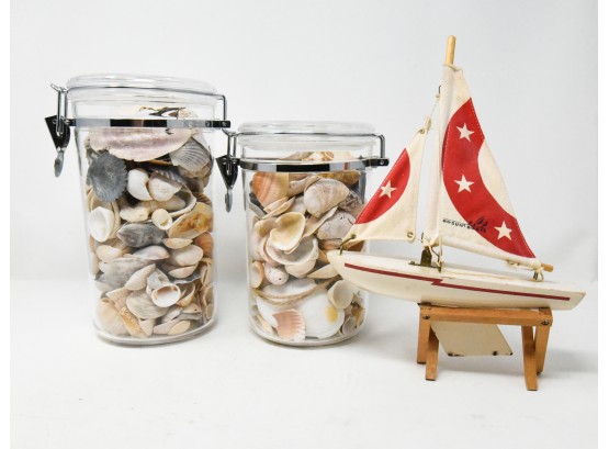 Model Sailboat & 2 Containers Of Seashells
