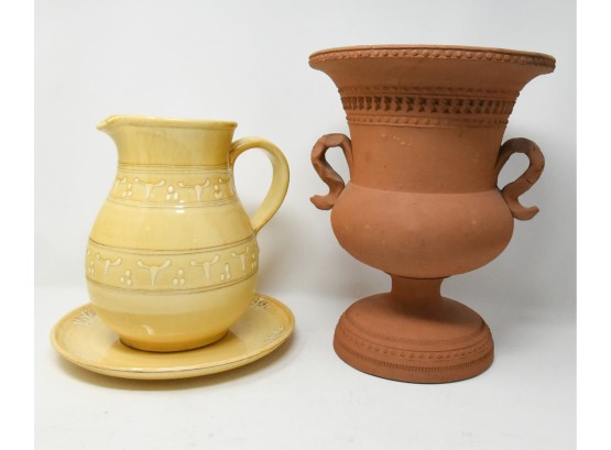 French Provincal Yellow Ceramic Pitcher And Terracotta Urn